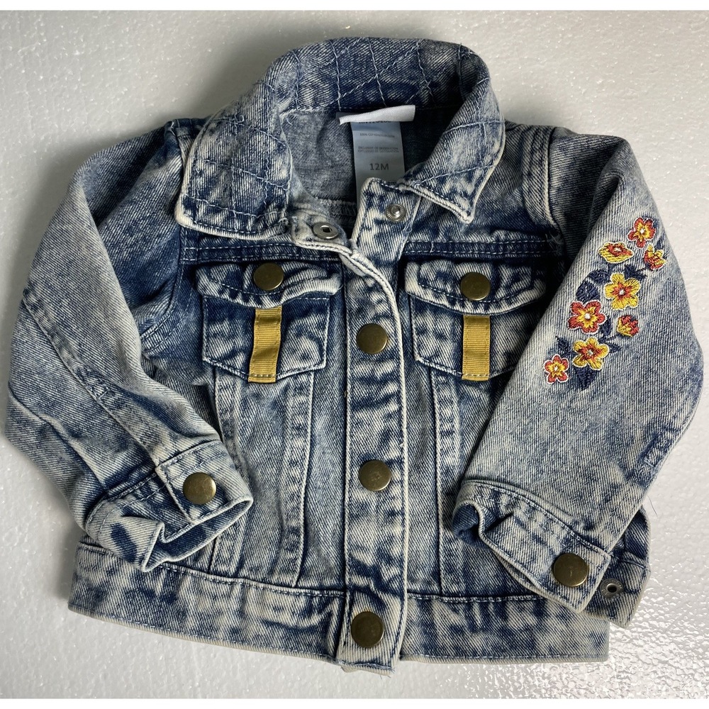 Baby Girl LITTLE LASS Stonewashed Denim Jacket 80s vibe Floral Embroidery 12M